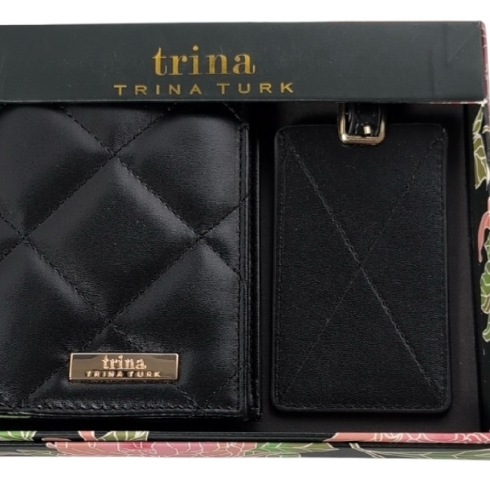 Trina Turk Black Quilted Passport Holder Luggage Tag Set - Picture 10 of 13